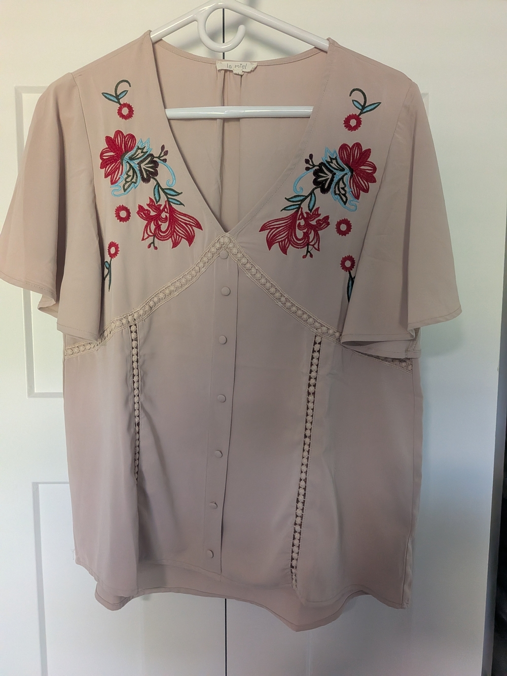 LA MIEL Blush V-Neck Blouse with Red & Teal Floral Embroidery